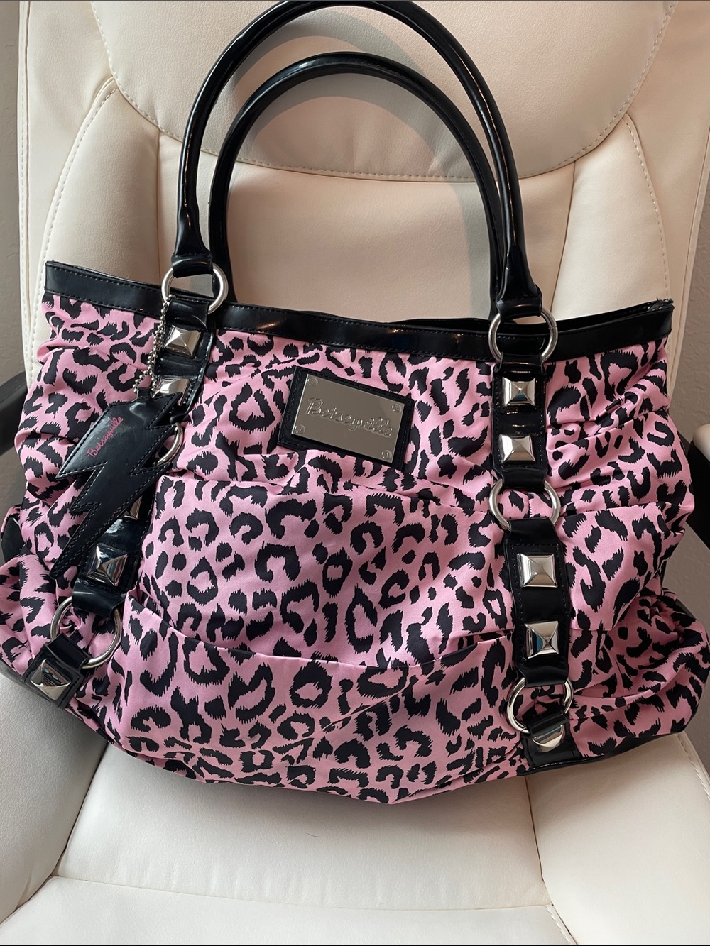 Betsey Johnson Pink and Black Leopard Print Tote with Stud Accents